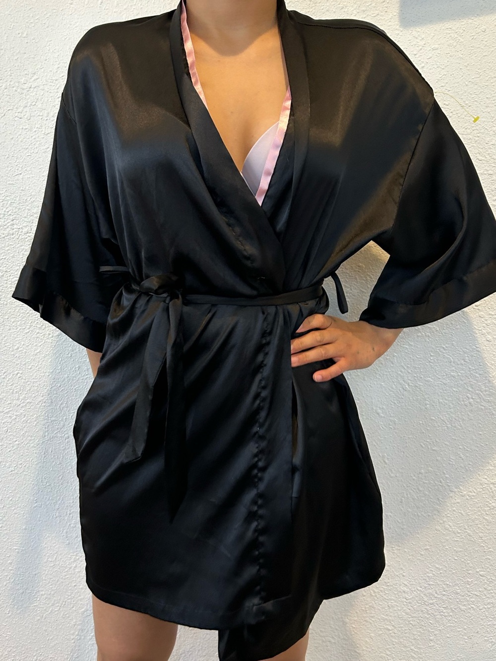 Black VS Satin Short Robe with Tie Belt - Women Intimates